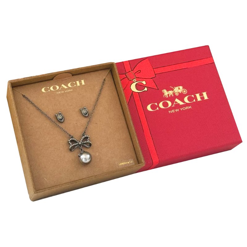 【COACH】珍珠水鑽項鍊耳環禮盒組-灰-3