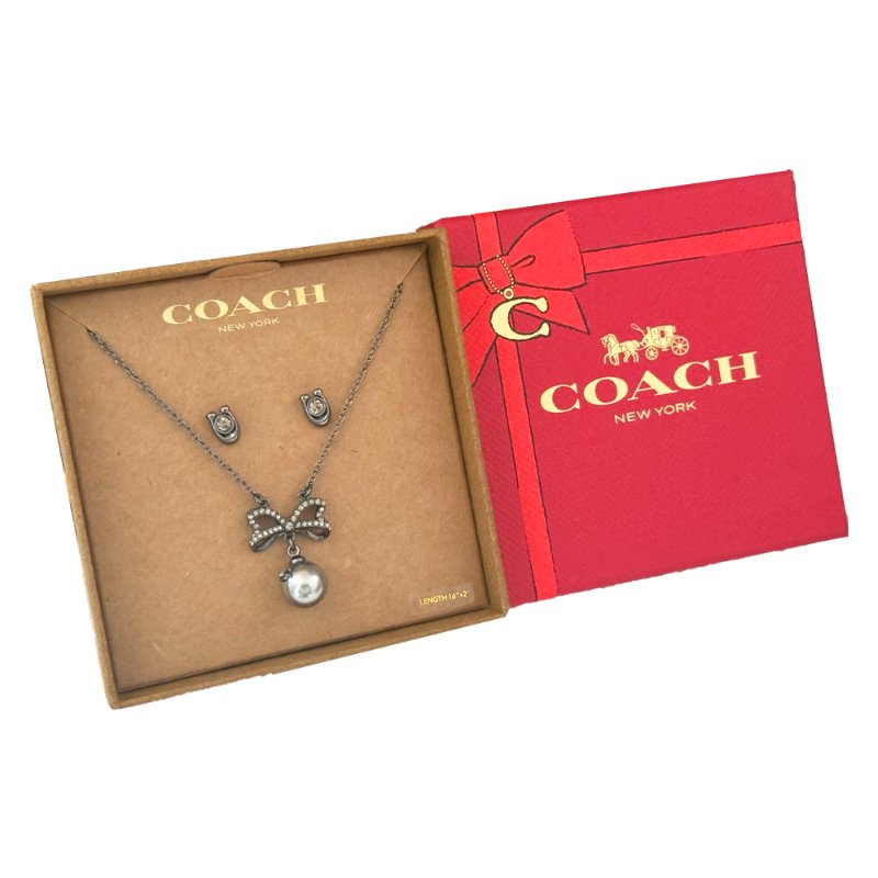 【COACH】珍珠水鑽項鍊耳環禮盒組-灰-4