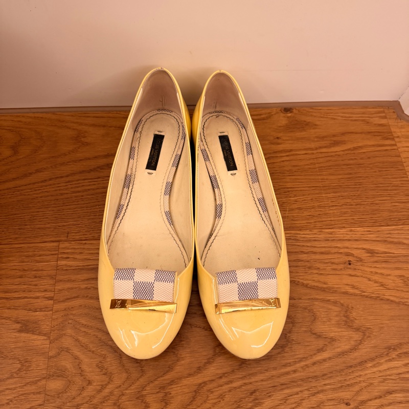 LV Louis Vuitton 黃色漆皮芭蕾平底鞋 EU39.5｜棋盤格蝴蝶結｜義大利製｜二手正品-6