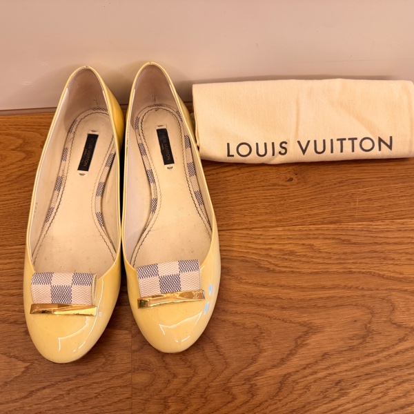 LV Louis Vuitton 黃色漆皮芭蕾平底鞋 EU39.5｜棋盤格蝴蝶結｜義大利製｜二手正品-0