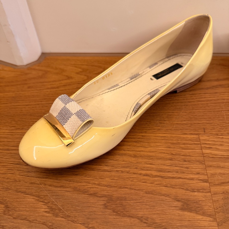 LV Louis Vuitton 黃色漆皮芭蕾平底鞋 EU39.5｜棋盤格蝴蝶結｜義大利製｜二手正品-2