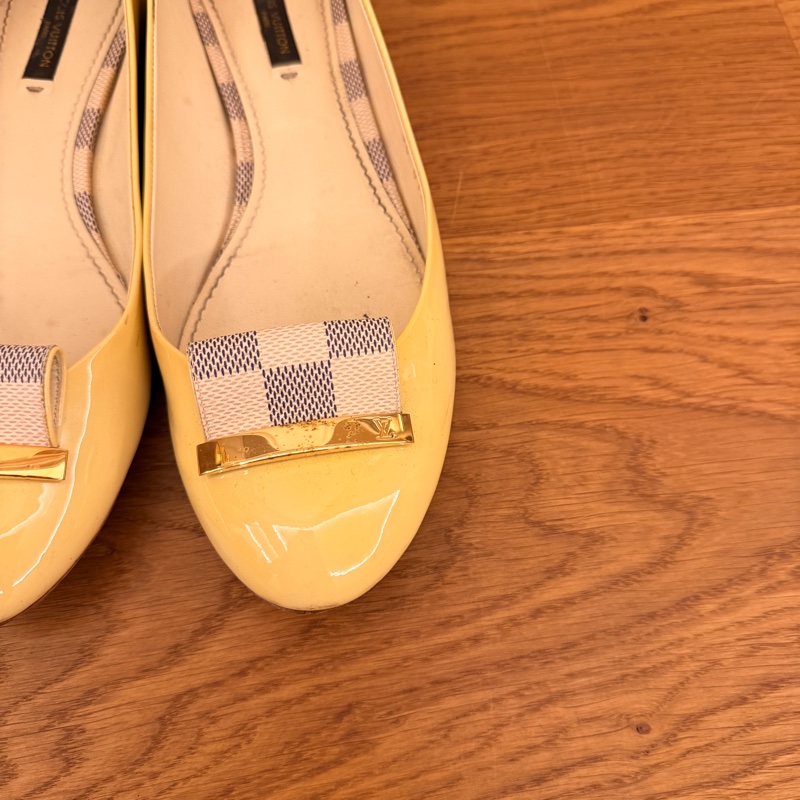 LV Louis Vuitton 黃色漆皮芭蕾平底鞋 EU39.5｜棋盤格蝴蝶結｜義大利製｜二手正品-3