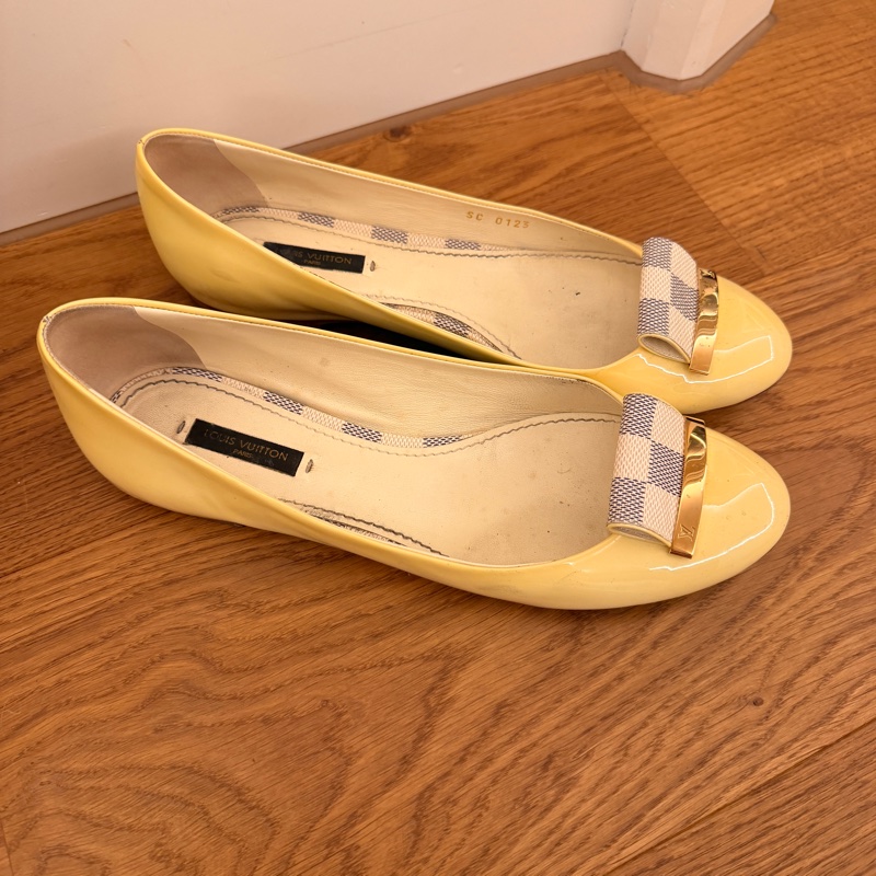 LV Louis Vuitton 黃色漆皮芭蕾平底鞋 EU39.5｜棋盤格蝴蝶結｜義大利製｜二手正品-4