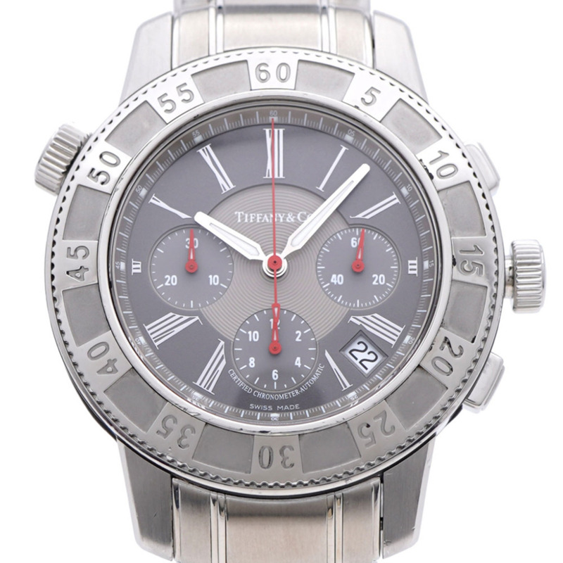 蒂芬妮 T-57 計時腕錶，透視底蓋，自動上鍊，不鏽鋼錶殼，灰色，0201，TIFFANY Co.，男士-0