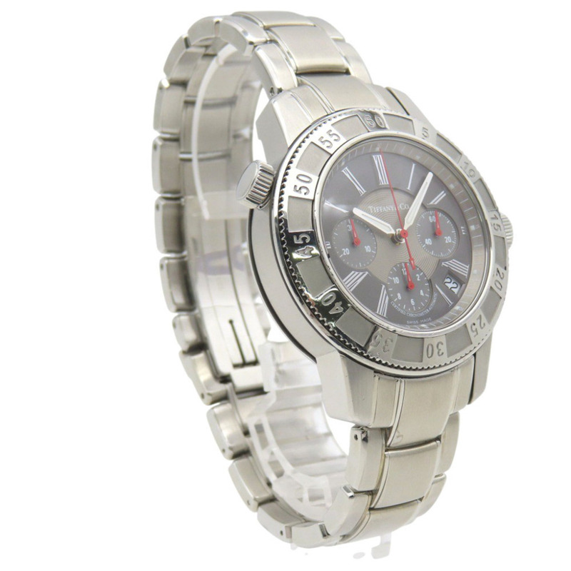 蒂芬妮 T-57 計時腕錶，透視底蓋，自動上鍊，不鏽鋼錶殼，灰色，0201，TIFFANY Co.，男士-2