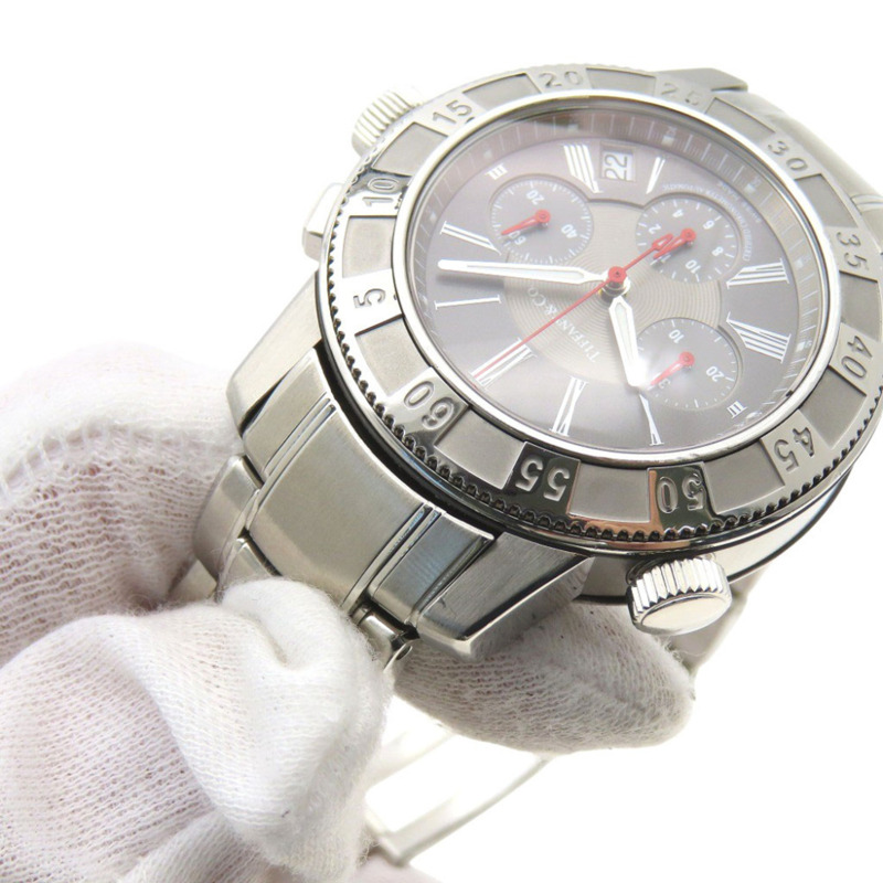 蒂芬妮 T-57 計時腕錶，透視底蓋，自動上鍊，不鏽鋼錶殼，灰色，0201，TIFFANY Co.，男士-8