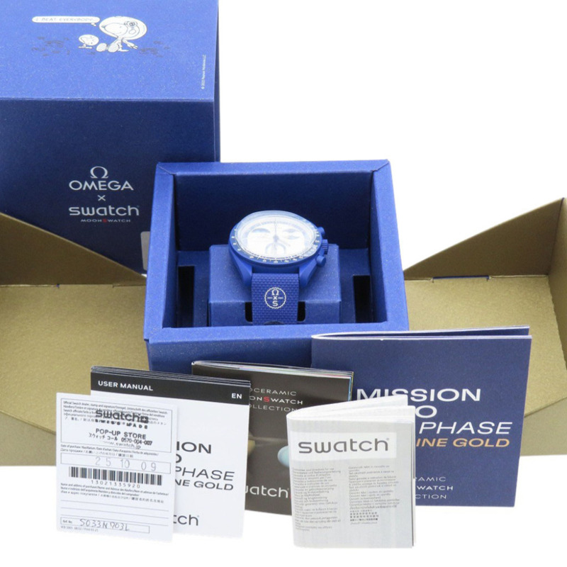 全新歐米茄 x Swatch MoonSwatch 史努比地球相任務 MOONSHINE GOLD 超霸系列 SO33N703L 石英腕錶 尼龍生物陶瓷錶帶 白色 1304OMEGA 男士-1