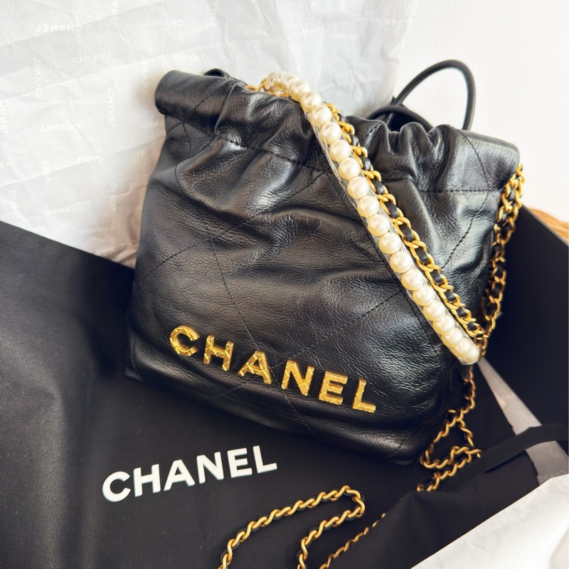 全新CHANEL黑色珍珠金字mini 22Bag斜背包流浪包AS3980-0