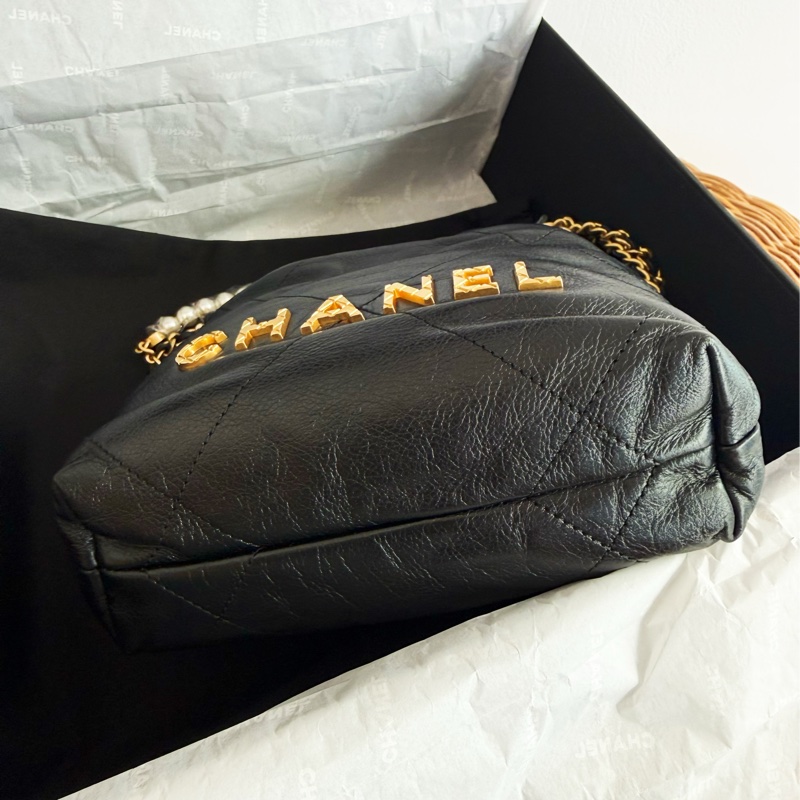 全新CHANEL黑色珍珠金字mini 22Bag斜背包流浪包AS3980-2