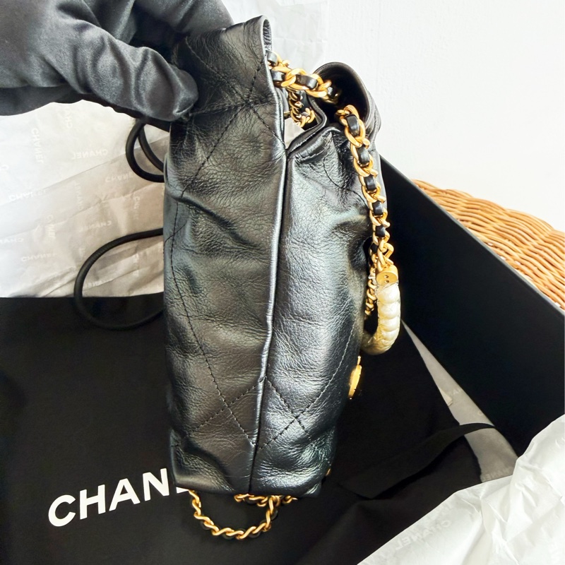 全新CHANEL黑色珍珠金字mini 22Bag斜背包流浪包AS3980-3