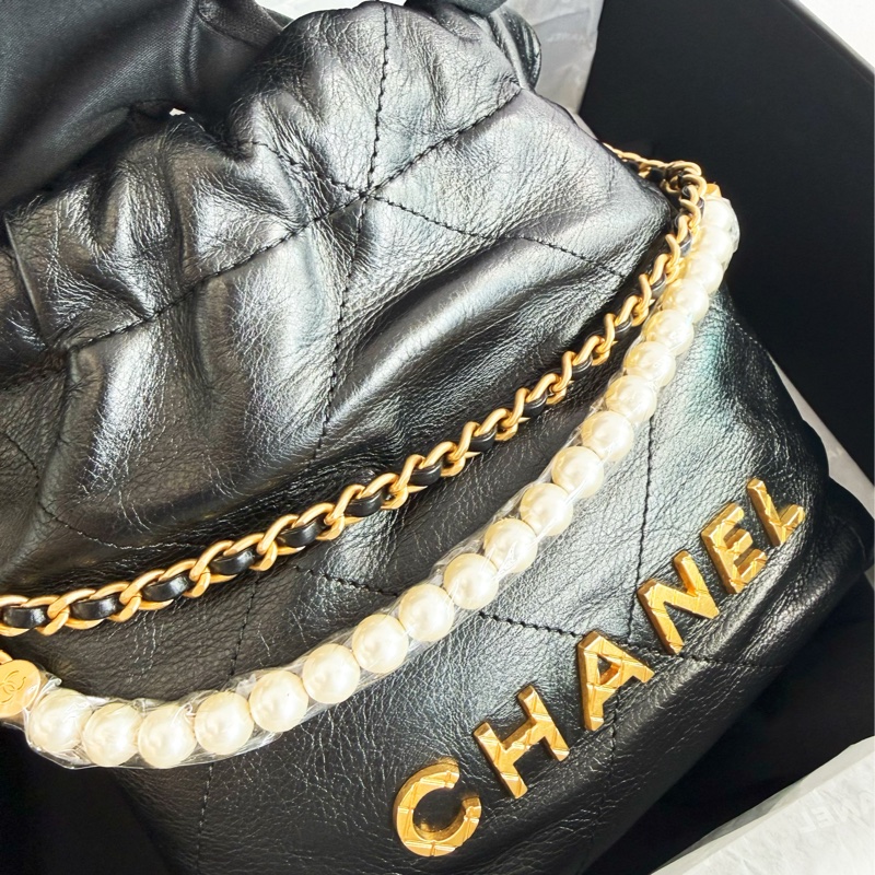 全新CHANEL黑色珍珠金字mini 22Bag斜背包流浪包AS3980-6