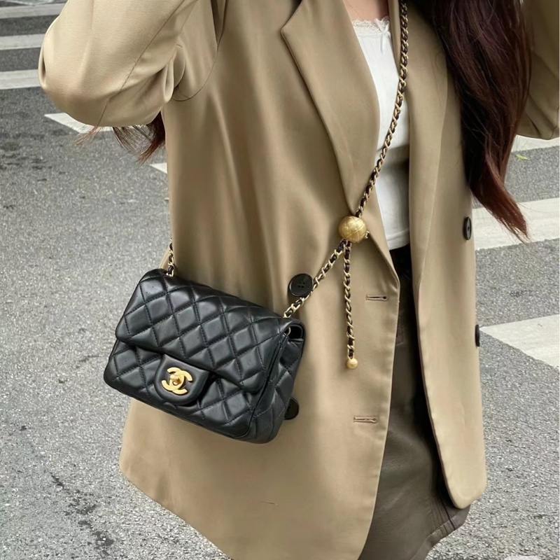 全新CHANEL黑色羊皮金球方胖AS1786-12