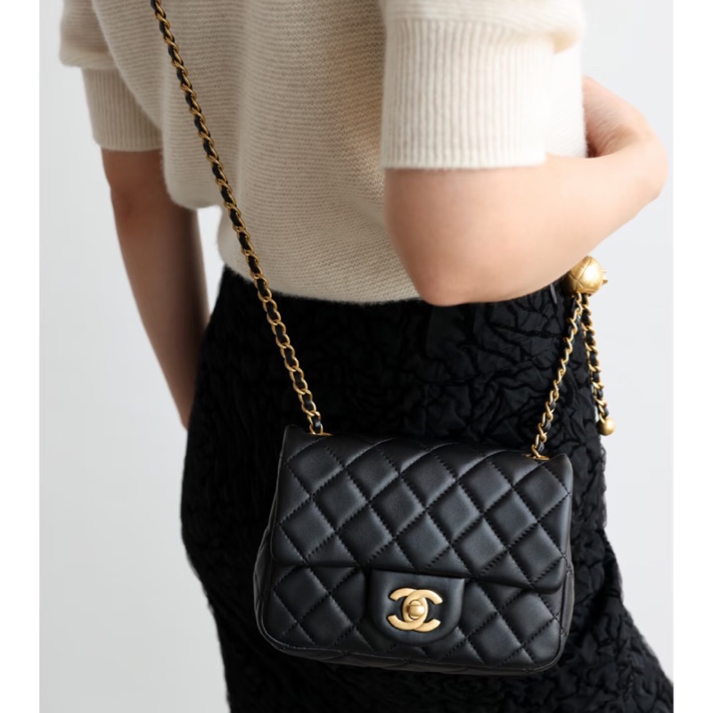 全新CHANEL黑色羊皮金球方胖AS1786-15