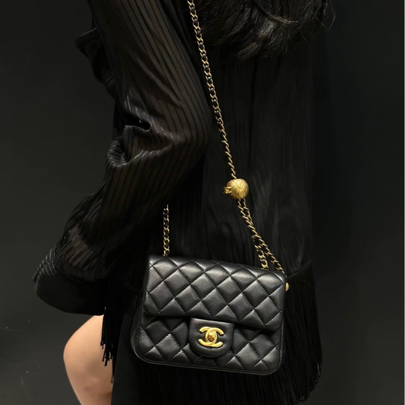 全新CHANEL黑色羊皮金球方胖AS1786-16