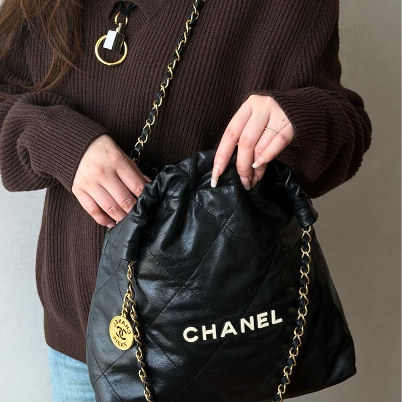 全新CHANEL黑色限量白字22bag小號垃圾袋AS3260 23A-12
