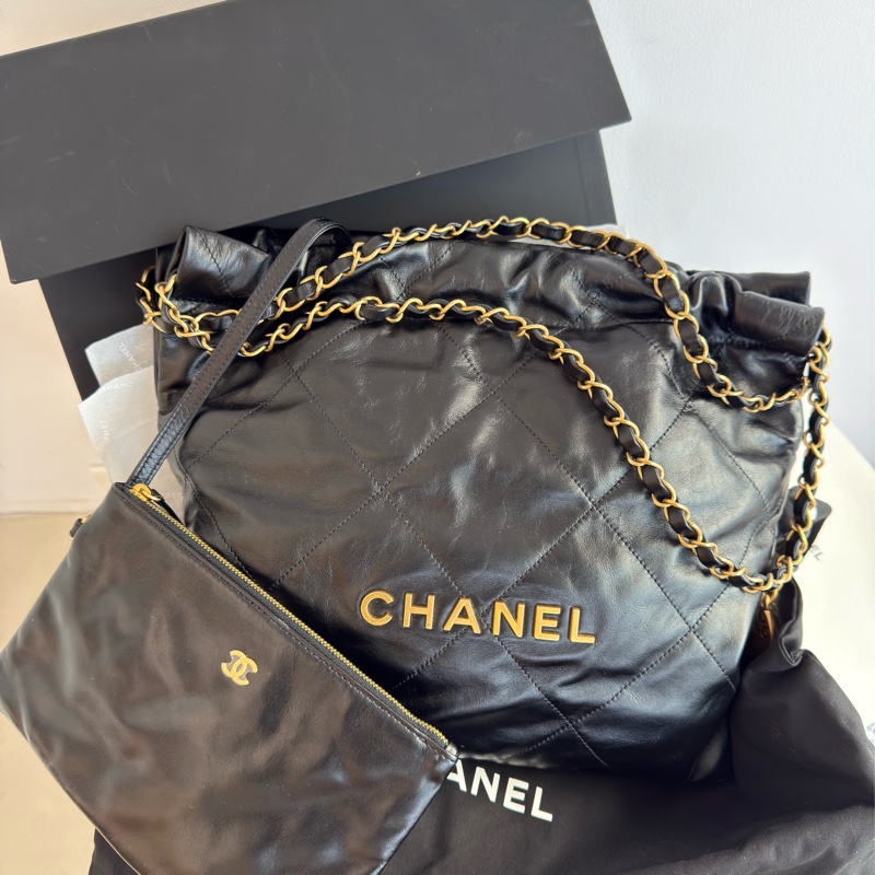全新CHANEL黑色金字22bag小號垃圾袋AS3260 23P-0