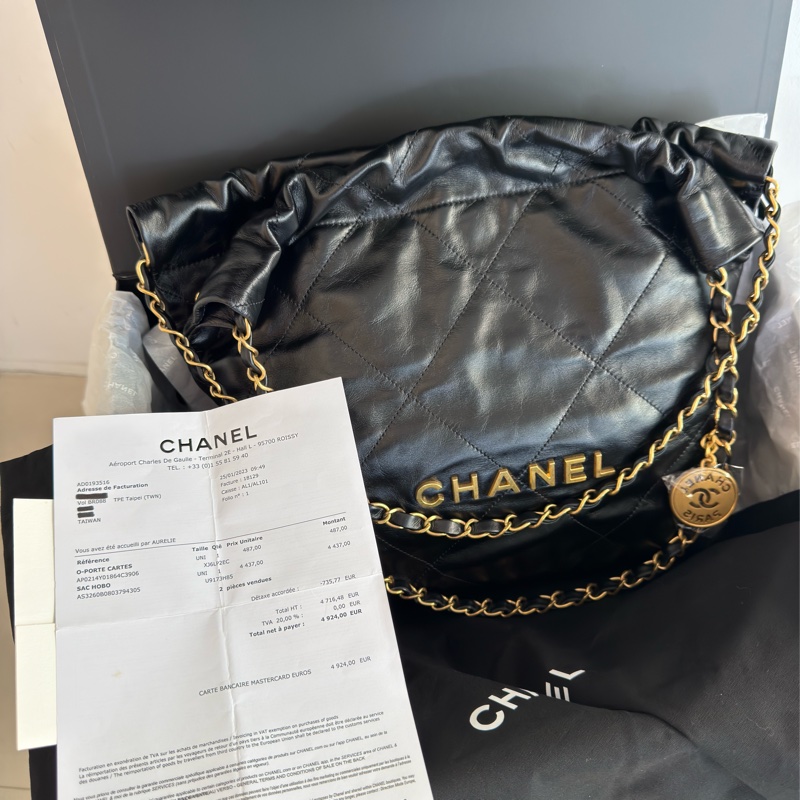 全新CHANEL黑色金字22bag小號垃圾袋AS3260 23P-12