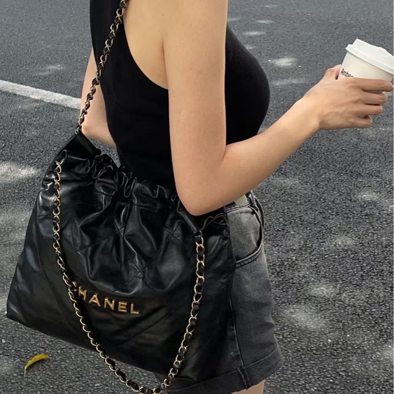 全新CHANEL黑色金字22bag小號垃圾袋AS3260 23P-16