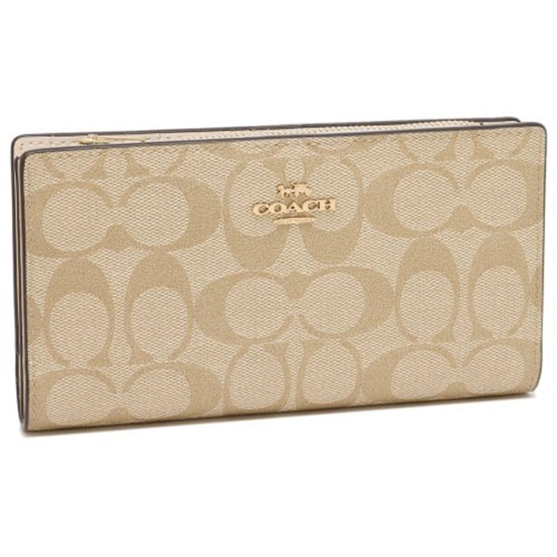 【COACH】滿版LOGO釦式皮革長夾-淺卡白-1