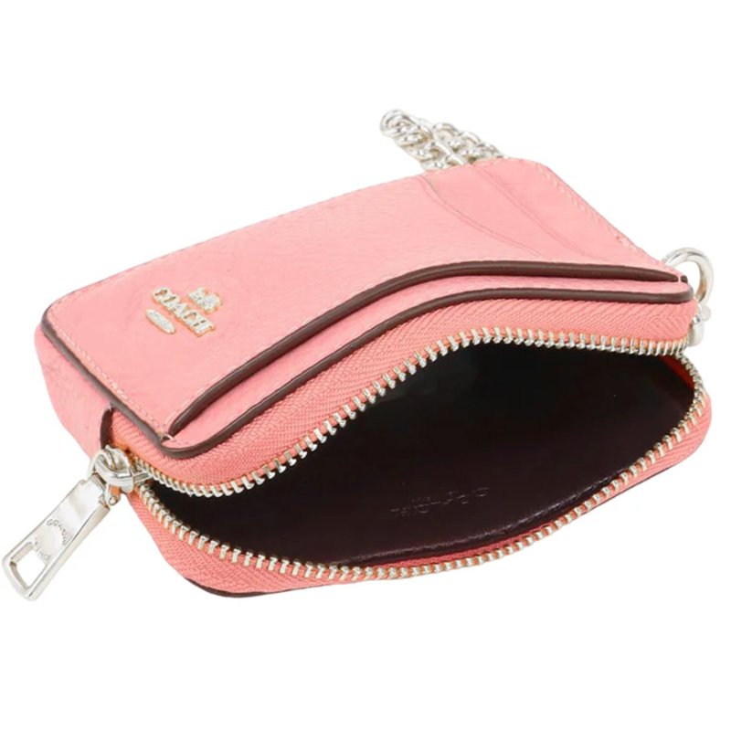 【COACH】荔枝紋皮革鍊帶零錢包-胭脂粉-1