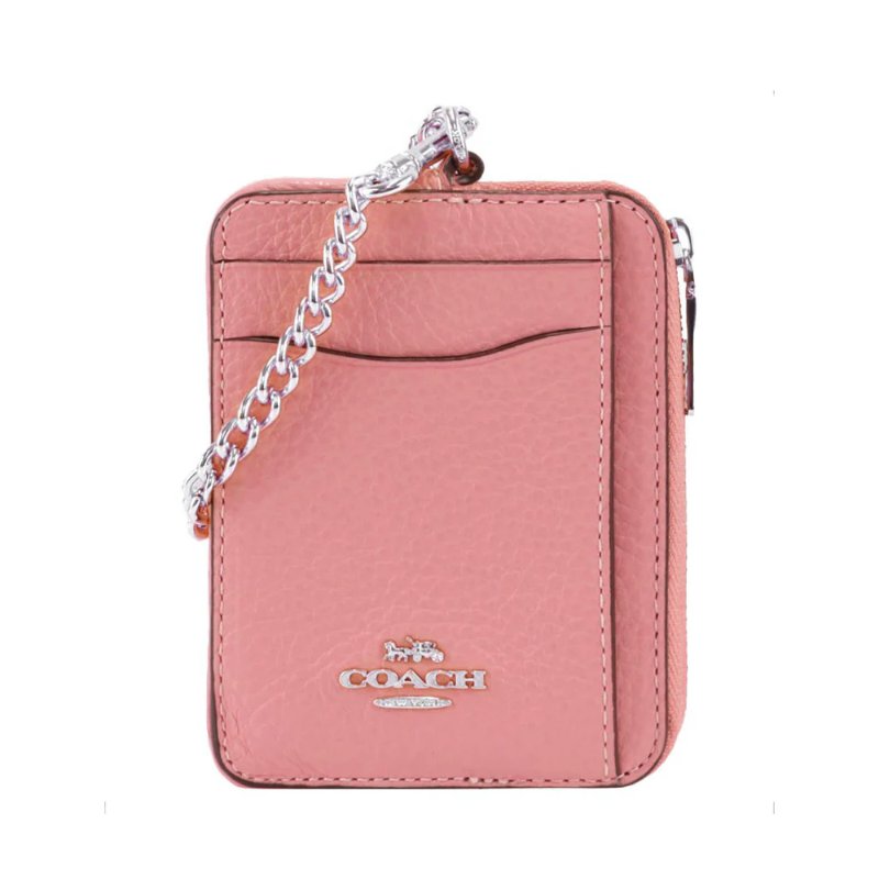 【COACH】荔枝紋皮革鍊帶零錢包-胭脂粉-4