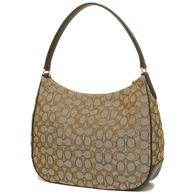 【COACH】滿版LOGO織布拼接皮革肩背包-卡其咖-1