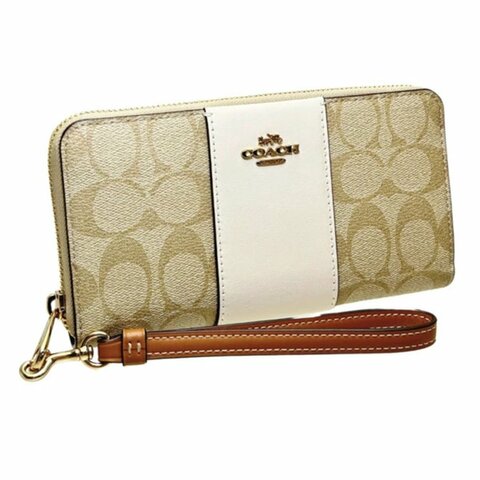 【COACH】滿版LOGO防刮皮革長夾-卡其白