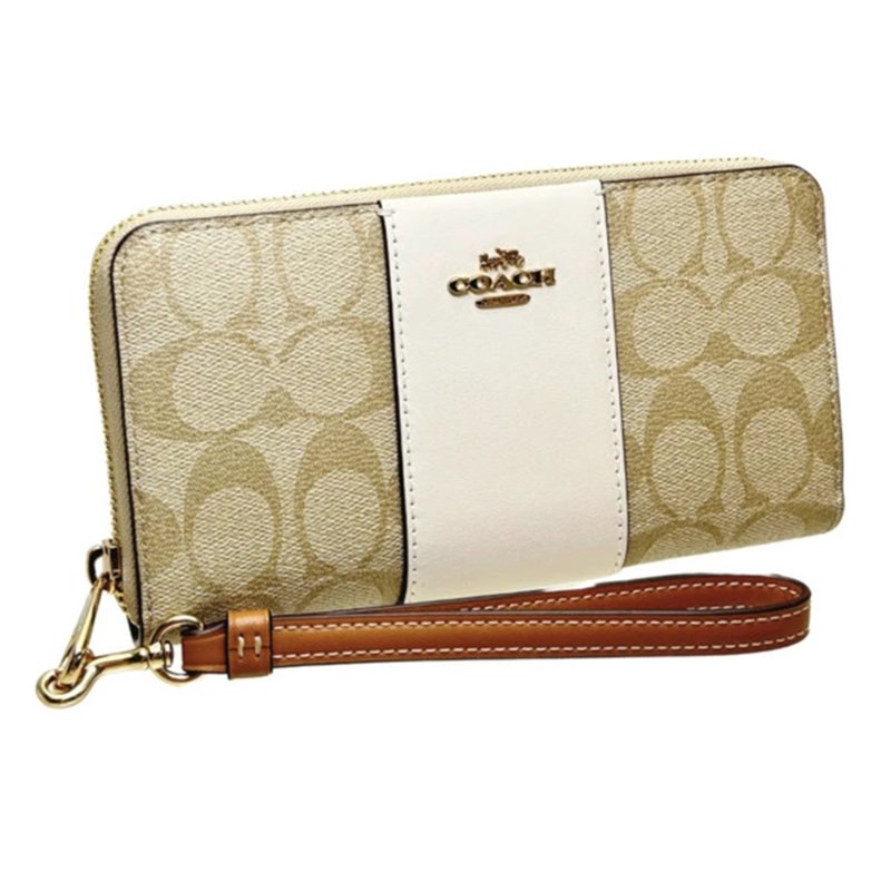 【COACH】滿版LOGO防刮皮革長夾-卡其白-0