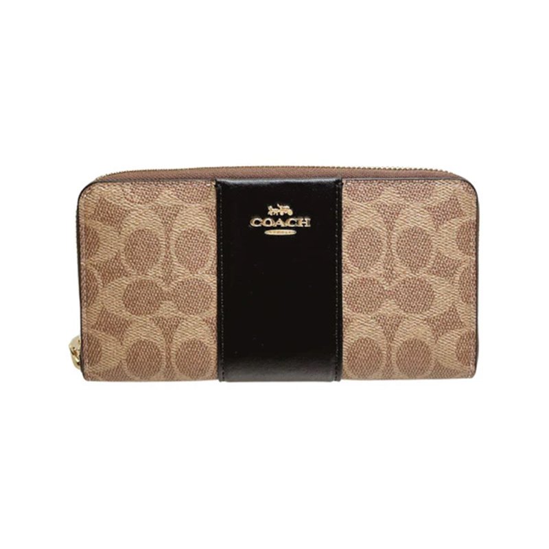 【COACH】條紋拼接皮革拉鍊皮夾-卡其黑-0
