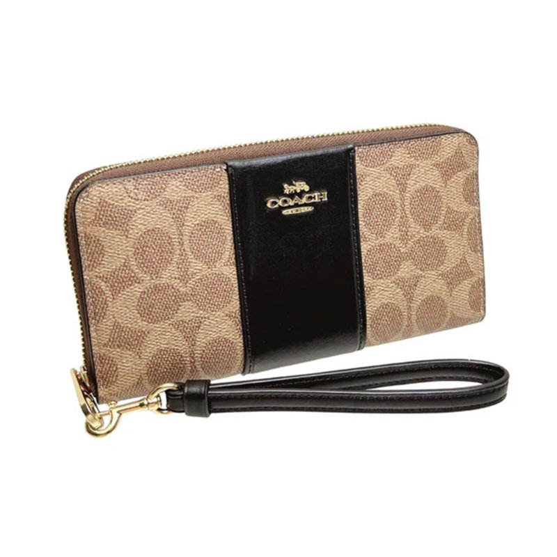 【COACH】條紋拼接皮革拉鍊皮夾-卡其黑-1
