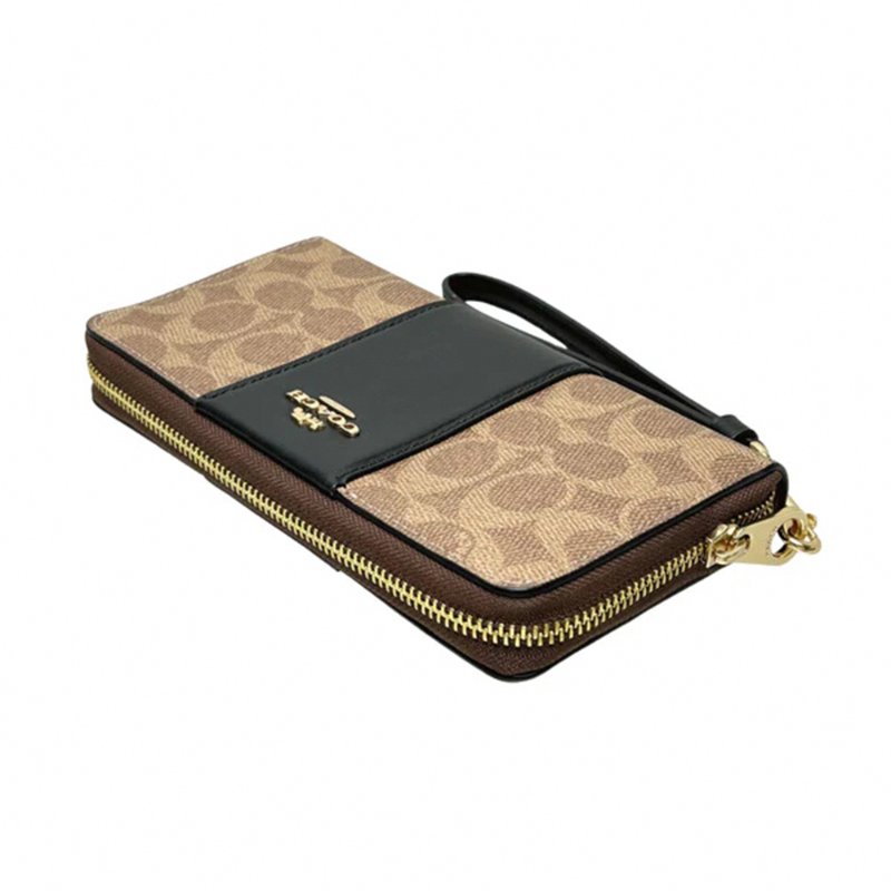 【COACH】條紋拼接皮革拉鍊皮夾-卡其黑-2