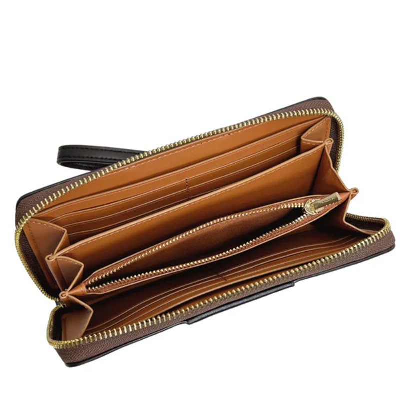 【COACH】條紋拼接皮革拉鍊皮夾-卡其黑-3