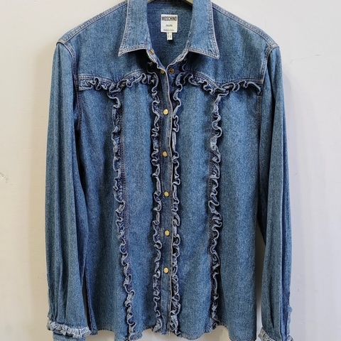 🇮🇹製老品 #MOSCHINO 荷葉邊丹寧襯衫 珍珠扣 | 嬉皮 | 牛仔 | 60s | VTG