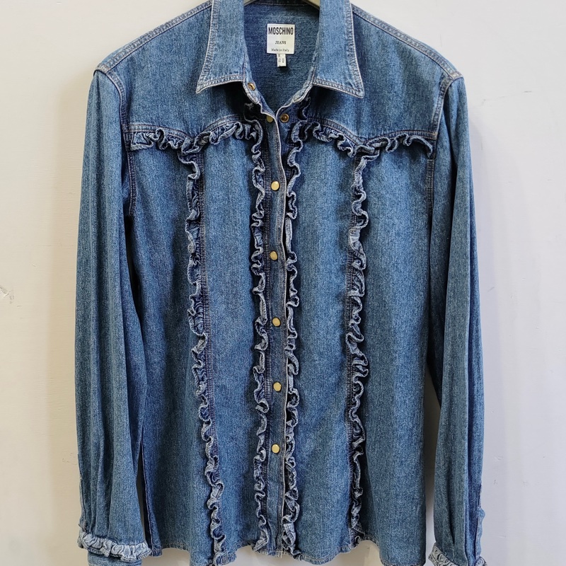 🇮🇹製老品 #MOSCHINO 荷葉邊丹寧襯衫 珍珠扣 | 嬉皮 | 牛仔 | 60s | VTG-0