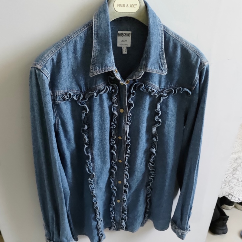 🇮🇹製老品 #MOSCHINO 荷葉邊丹寧襯衫 珍珠扣 | 嬉皮 | 牛仔 | 60s | VTG-6