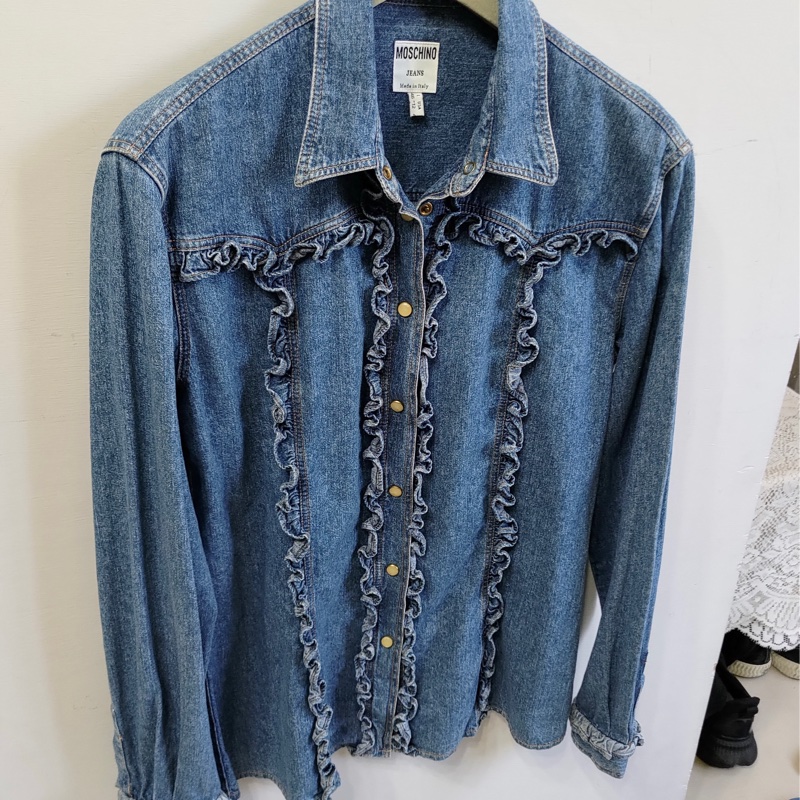 🇮🇹製老品 #MOSCHINO 荷葉邊丹寧襯衫 珍珠扣 | 嬉皮 | 牛仔 | 60s | VTG-8