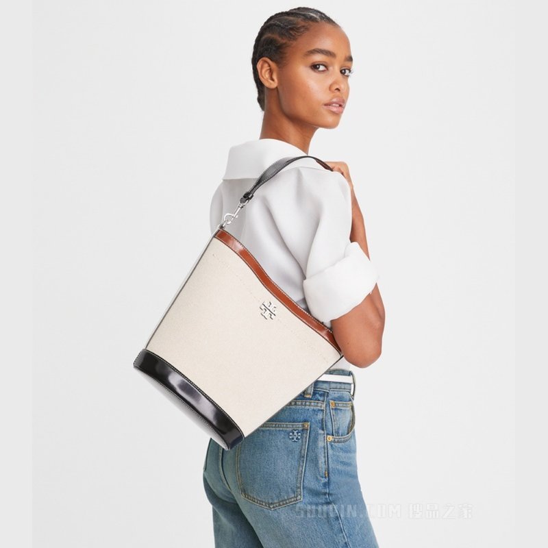 【TORY BURCH】卡其帆布水桶包-米白拼接-3