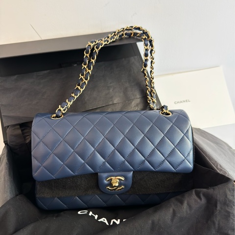 全新CHANEL海軍藍羊皮淡金扣25cm FLAP COCO口蓋包A01112經典11.12包22B