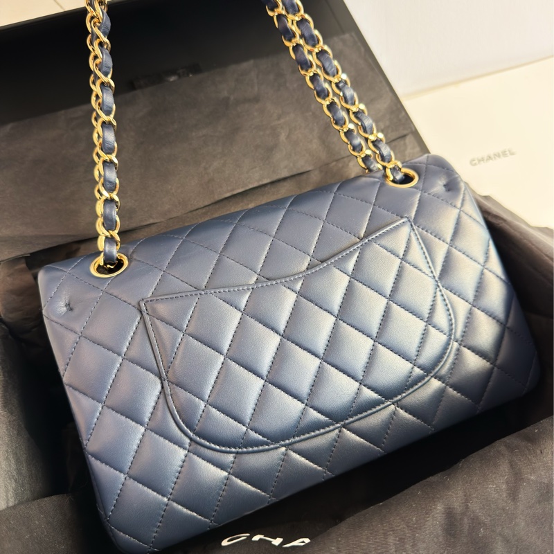 全新CHANEL海軍藍羊皮淡金扣25cm FLAP COCO口蓋包A01112經典11.12包22B-2