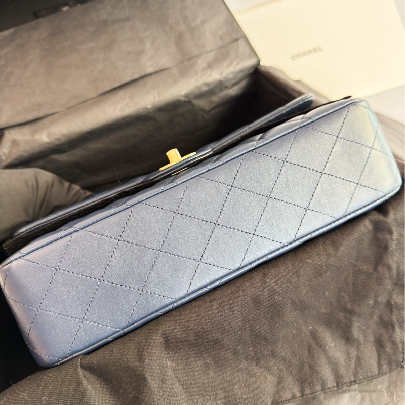 全新CHANEL海軍藍羊皮淡金扣25cm FLAP COCO口蓋包A01112經典11.12包22B-5