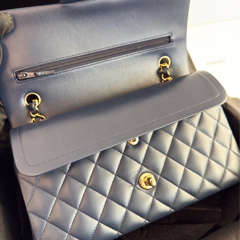 全新CHANEL海軍藍羊皮淡金扣25cm FLAP COCO口蓋包A01112經典11.12包22B-8