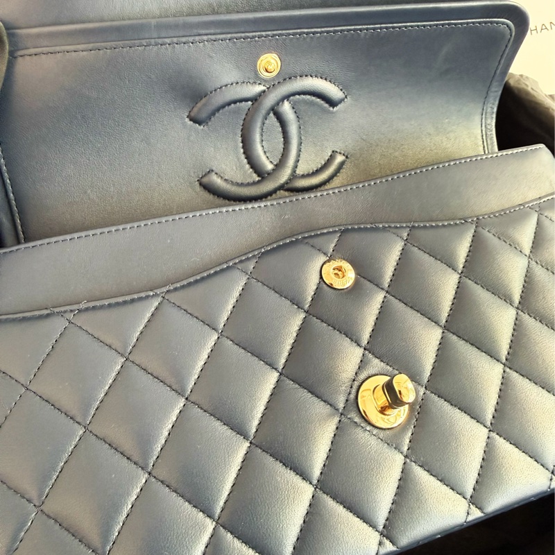 全新CHANEL海軍藍羊皮淡金扣25cm FLAP COCO口蓋包A01112經典11.12包22B-9
