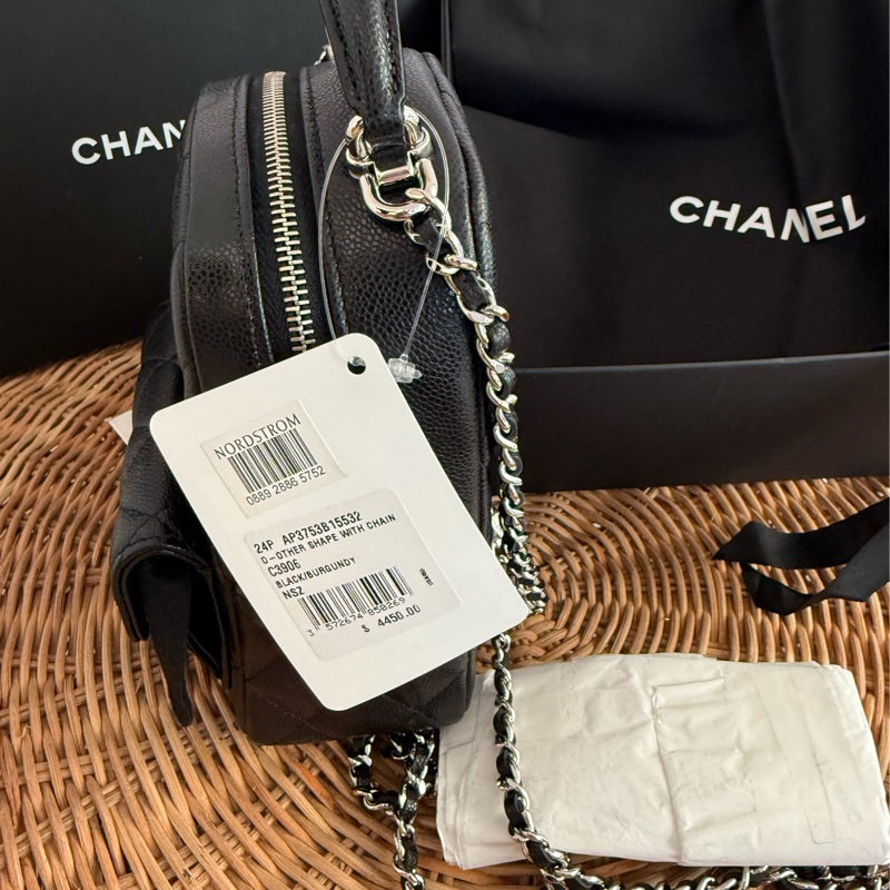 全新CHANEL黑色荔枝皮牛皮24P前口袋銀釦拉鏈迷你後背包斜背包小書包AP3753-3