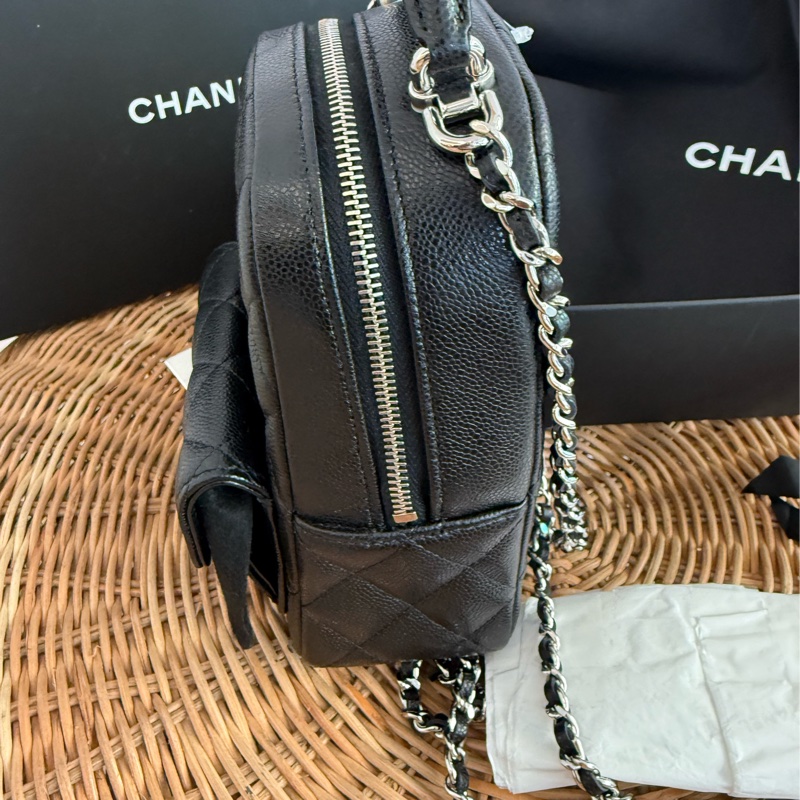全新CHANEL黑色荔枝皮牛皮24P前口袋銀釦拉鏈迷你後背包斜背包小書包AP3753-4