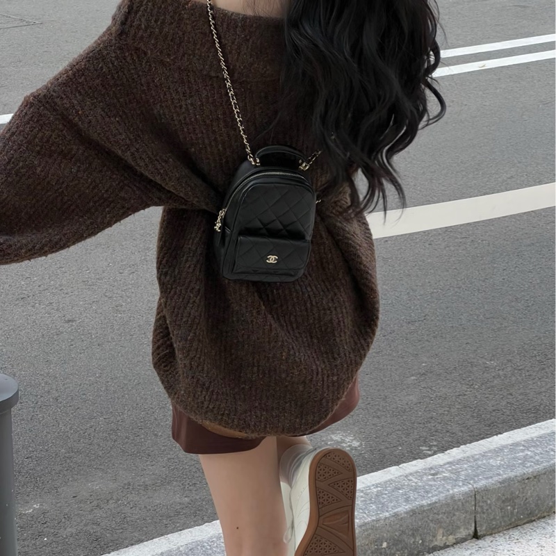 全新CHANEL黑色荔枝皮牛皮24P前口袋銀釦拉鏈迷你後背包斜背包小書包AP3753-10