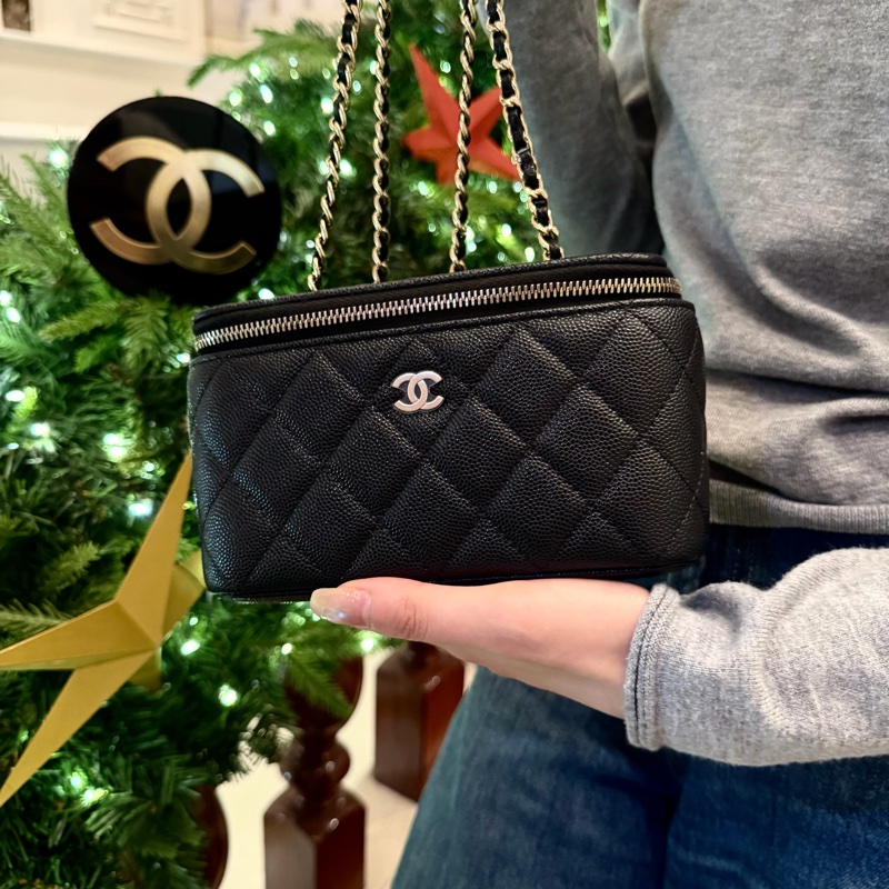 【98新 ✨ 全網最低價!】Chanel香奈兒 Vanity Case 長盒子 盒子包 黑金 荔枝牛皮 有保卡-2