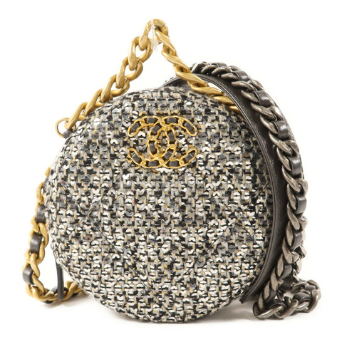 CHANEL 斜紋軟呢/亮片Sequin Chanel 19 Round Mini Clutch手挽肩背兩用袋
