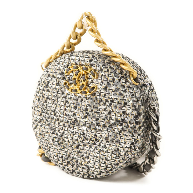CHANEL 斜紋軟呢/亮片Sequin Chanel 19 Round Mini Clutch手挽肩背兩用袋-2