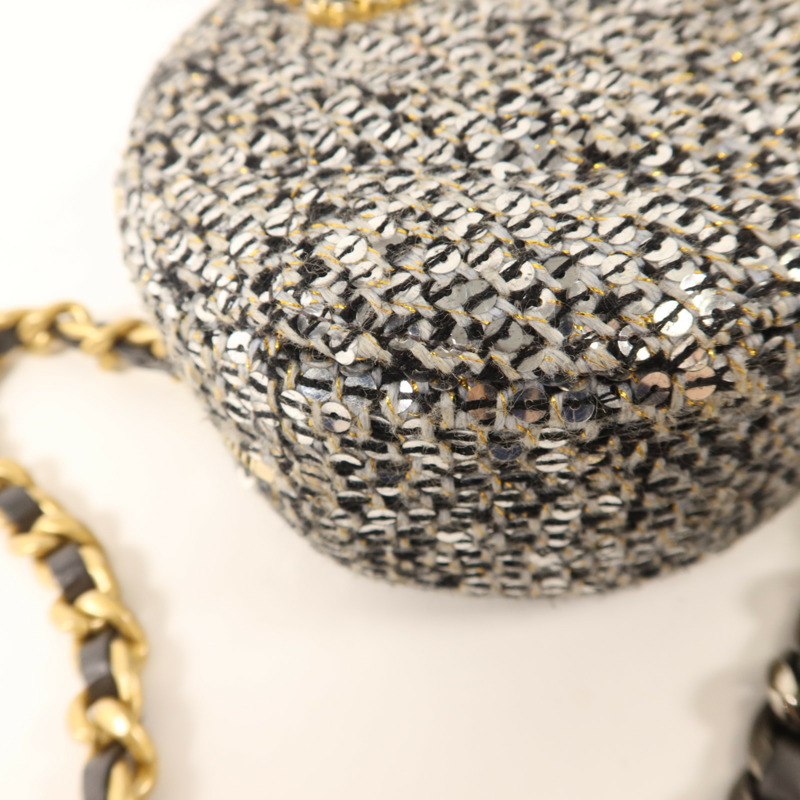 CHANEL 斜紋軟呢/亮片Sequin Chanel 19 Round Mini Clutch手挽肩背兩用袋-10