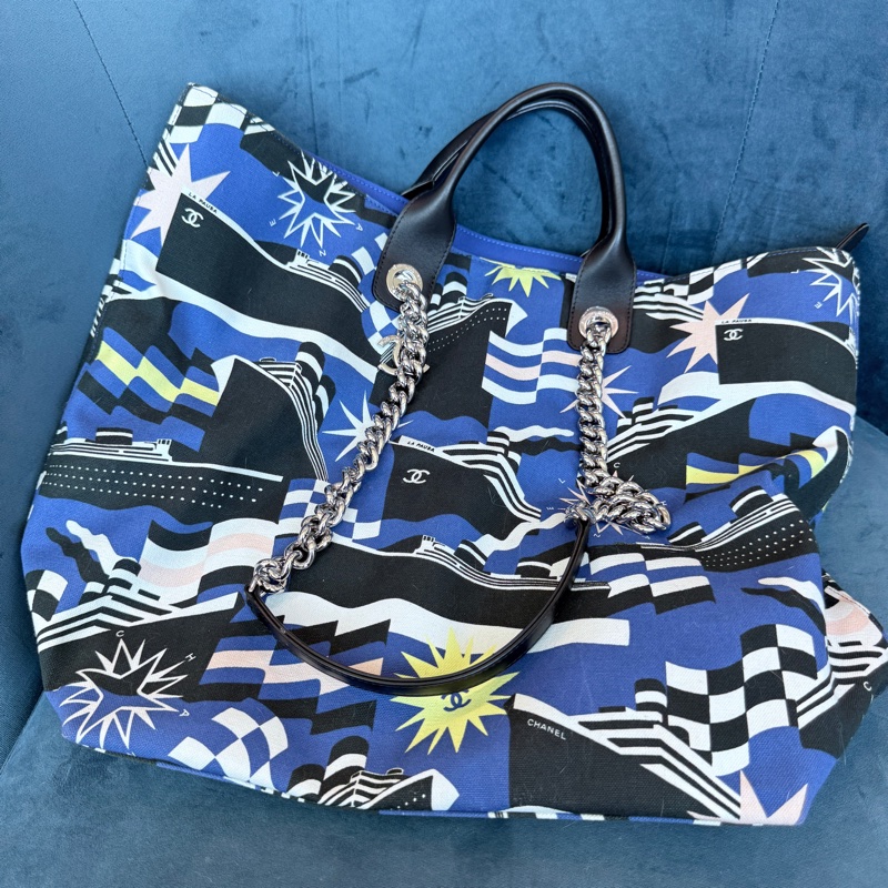 Chanel✨2019C 牛仔布郵輪塗鴉沙灘包購物包托特包 27開-6